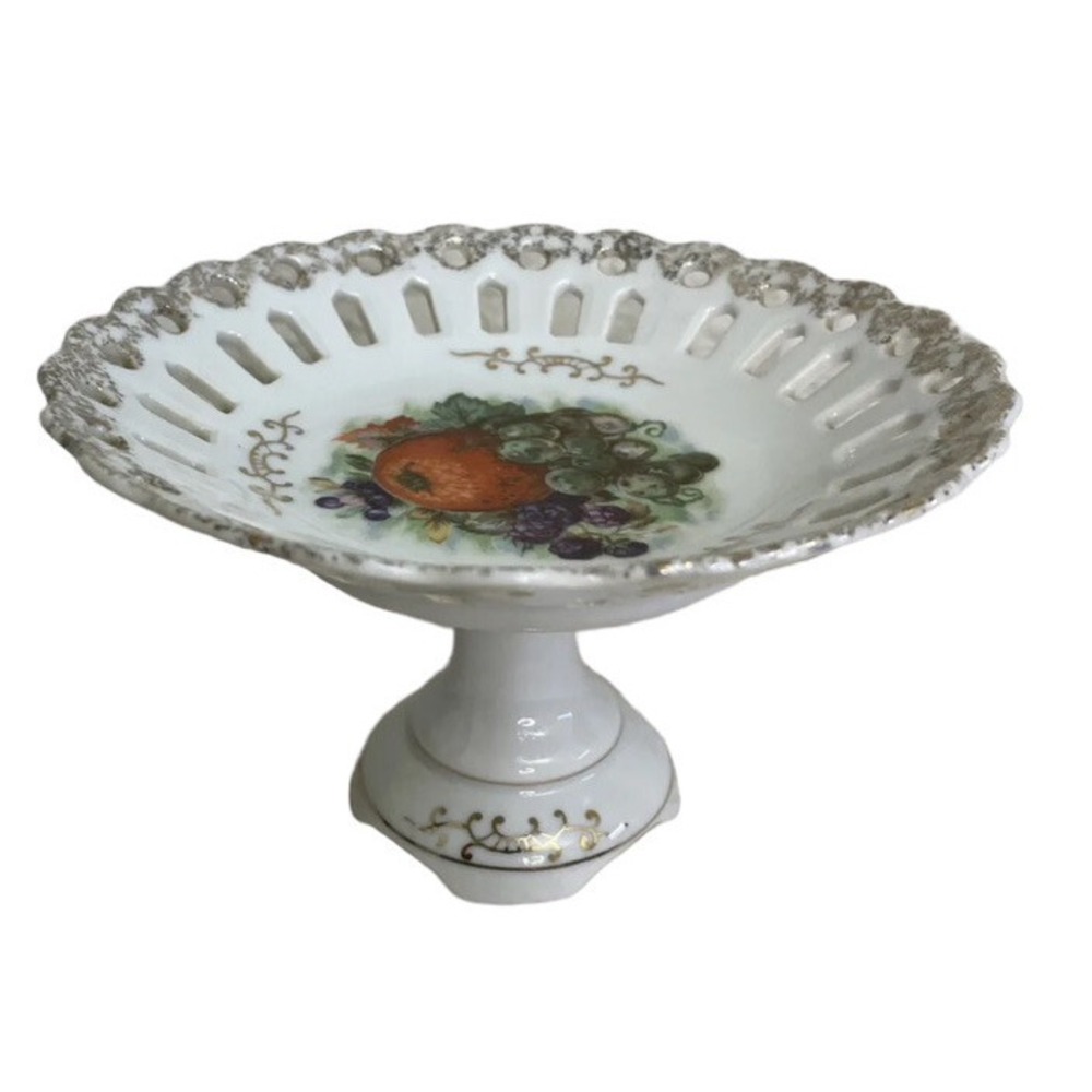 Vintage Betson Compote Pedestal Plate Articulated Gold Trim Hand Painted Fruit